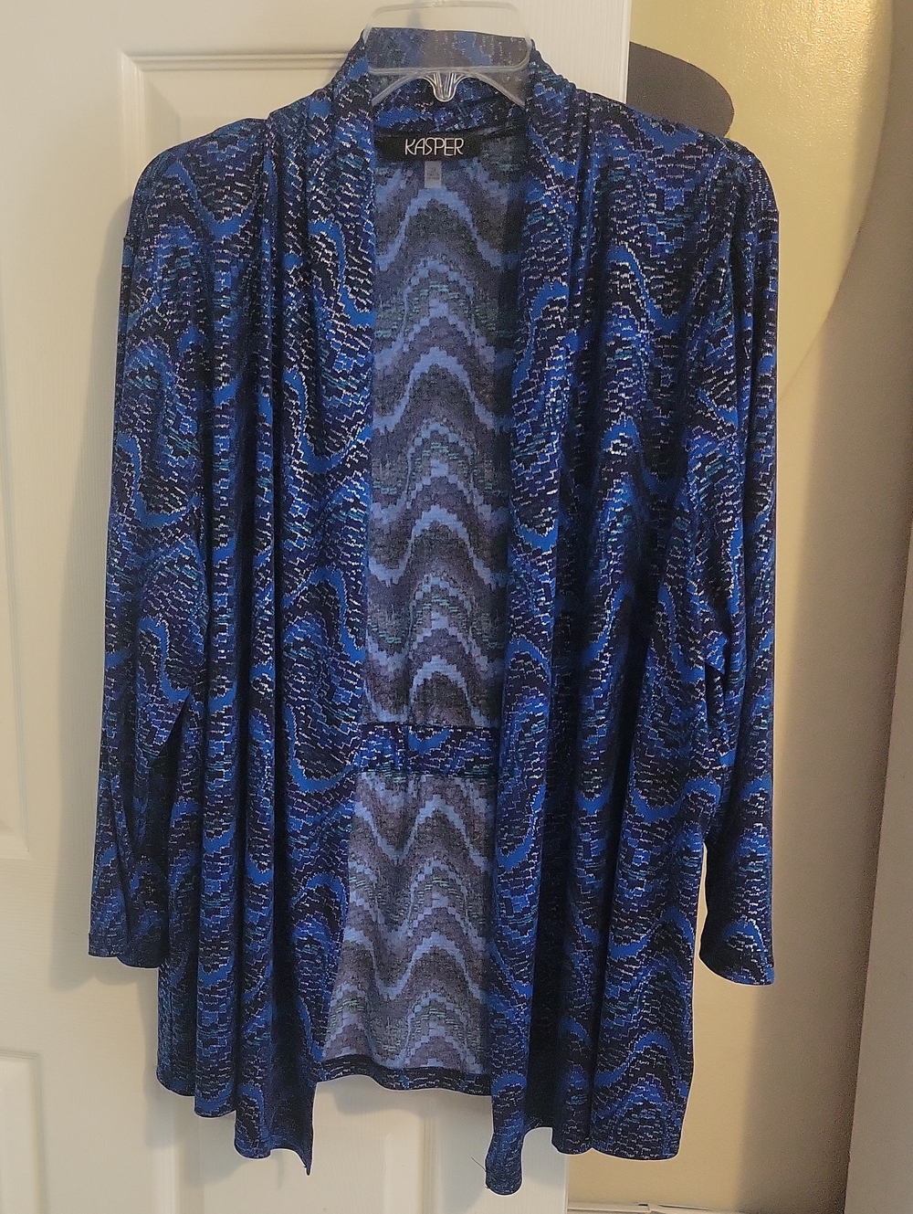 Kasper Sz2X Blue & Black Wavy Open-Front Cardigan Elastic waist rolled neckline